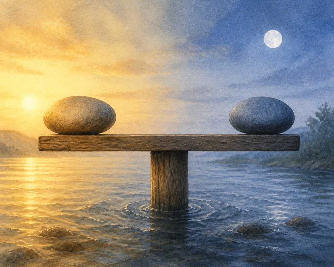 River stones arranged in a quiet balancing composition