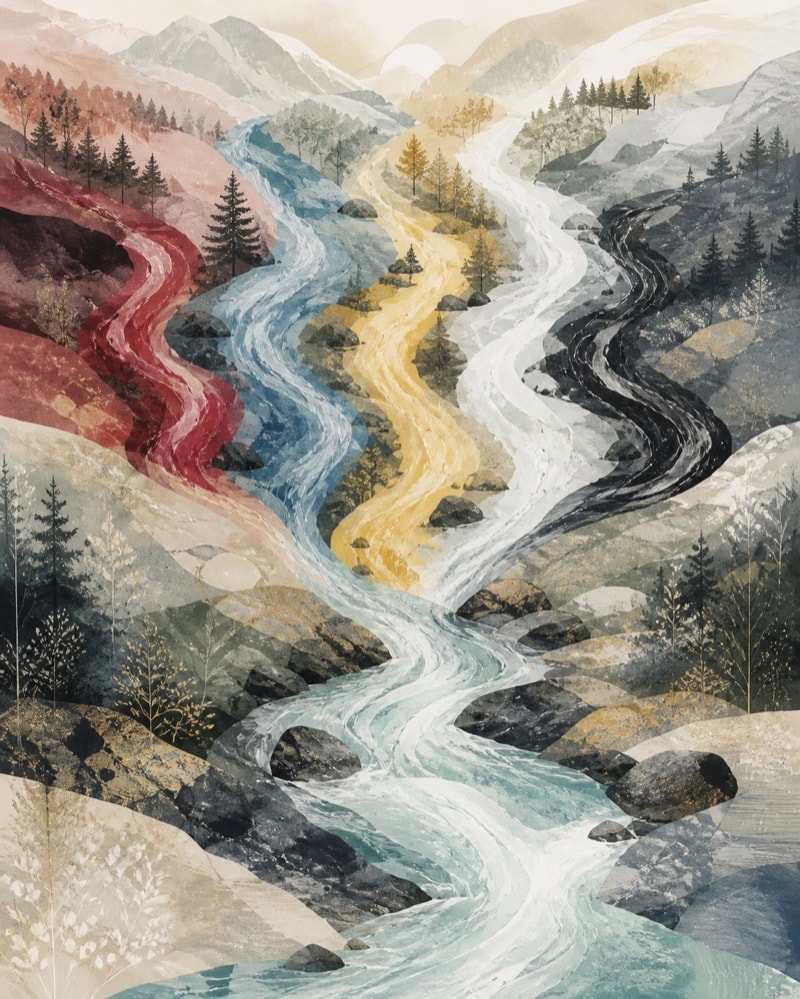 Colored light passing through a river-like landscape