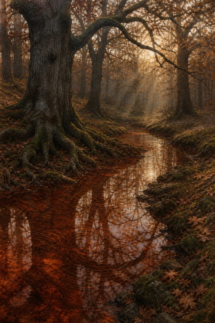 A quiet forest creek among mature trees