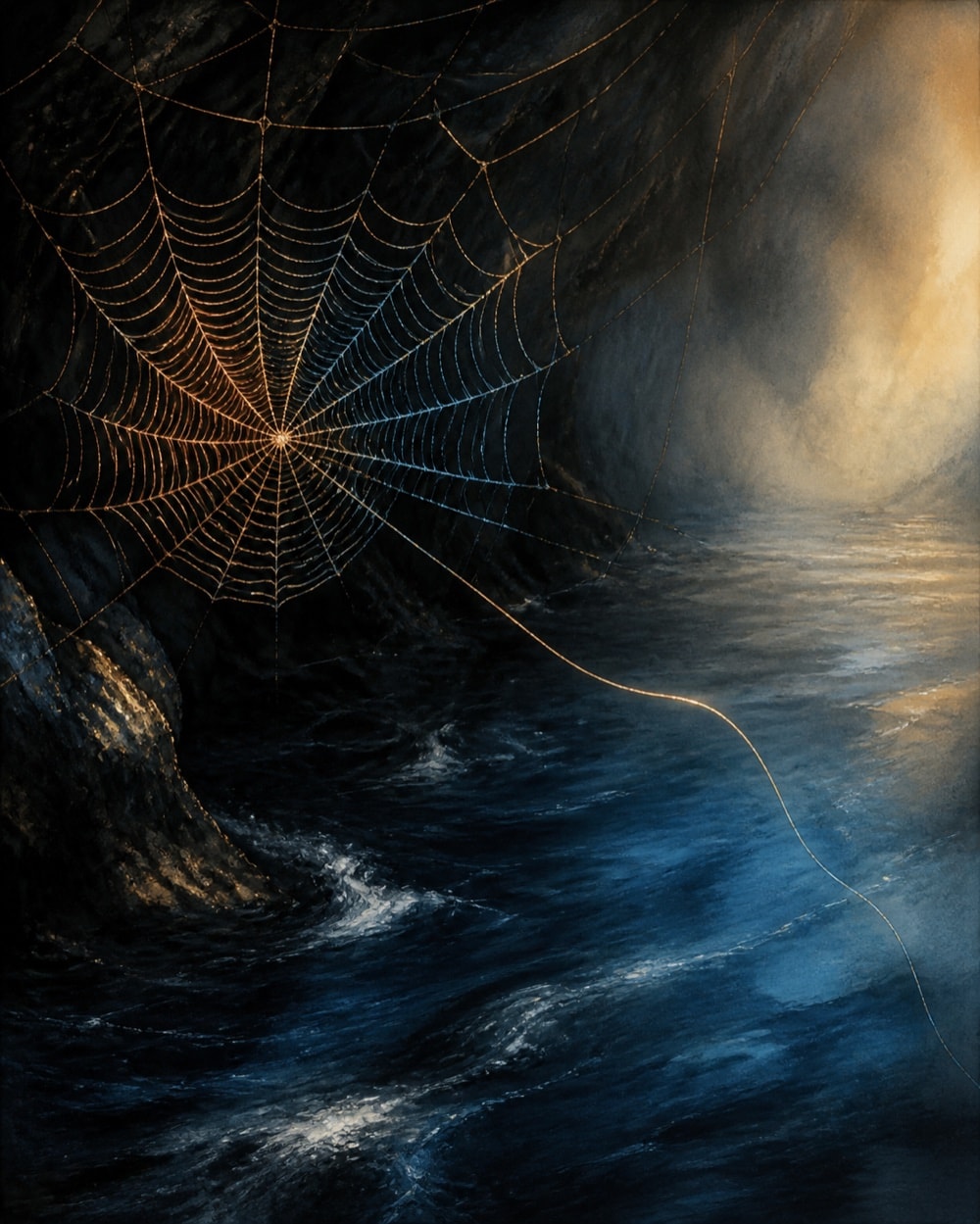 Threads forming a web over a dark river-like ground